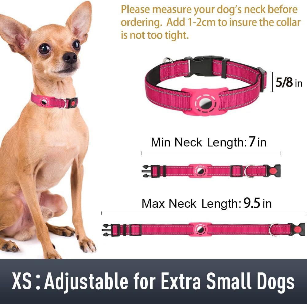 Airtag-Compatible Dog Collar with Holder for Small Breeds, Reflective Design, Soft Padding, Safety Locking Buckle, Adjustable Nylon, Hot Pink, XS