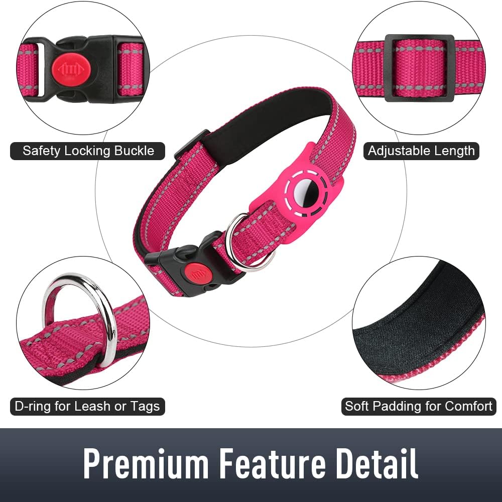 Airtag-Compatible Dog Collar with Holder for Small Breeds, Reflective Design, Soft Padding, Safety Locking Buckle, Adjustable Nylon, Hot Pink, XS