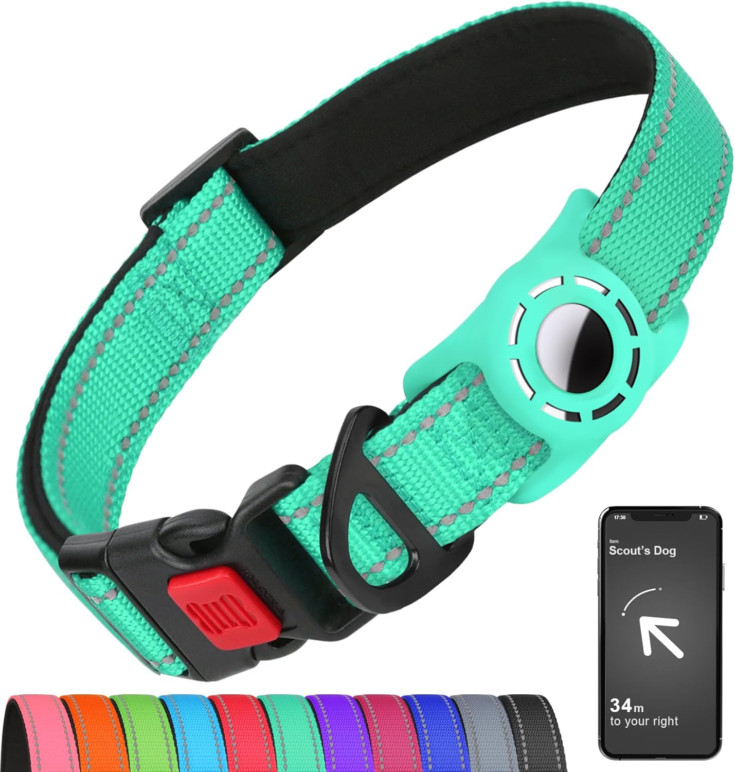 Airtag-Compatible Dog Collar with Holder for Small Breeds, Reflective Design, Soft Padding, Safety Locking Buckle, Adjustable Nylon, Hot Pink, XS