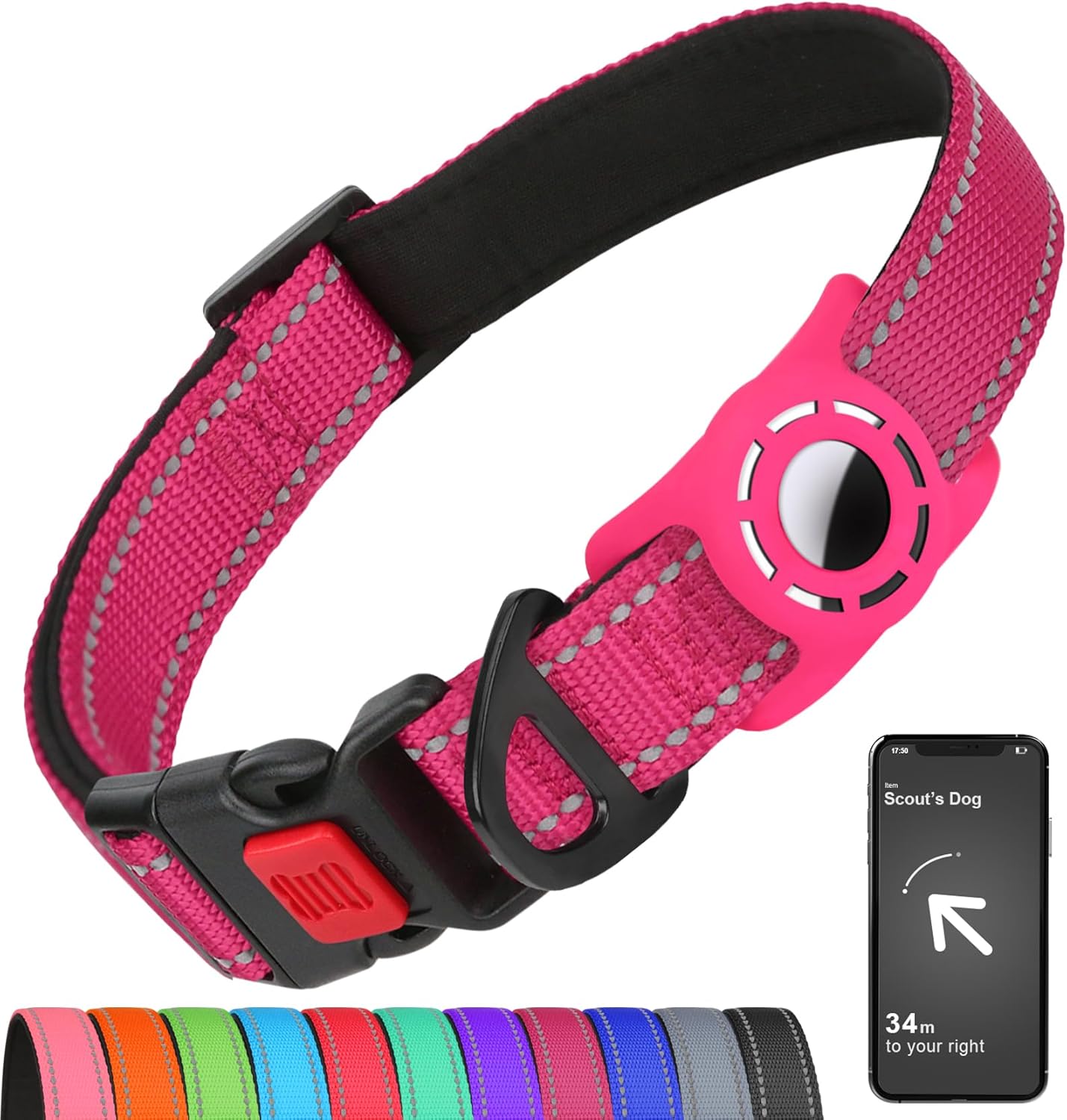Airtag-Compatible Dog Collar with Holder for Small Breeds, Reflective Design, Soft Padding, Safety Locking Buckle, Adjustable Nylon, Hot Pink, XS