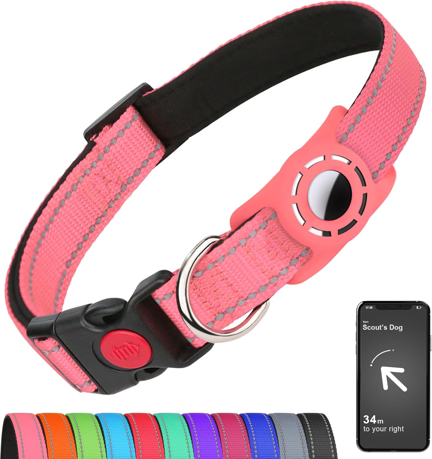 Airtag-Compatible Dog Collar with Holder for Small Breeds, Reflective Design, Soft Padding, Safety Locking Buckle, Adjustable Nylon, Hot Pink, XS