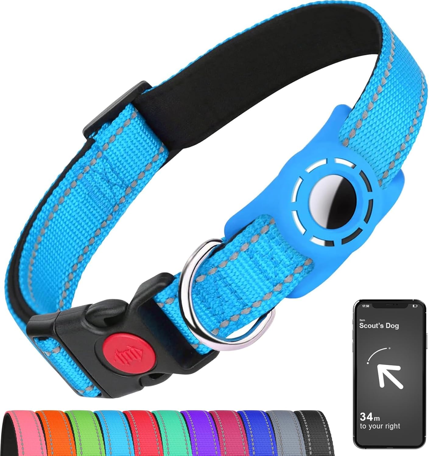 Airtag-Compatible Dog Collar with Holder for Small Breeds, Reflective Design, Soft Padding, Safety Locking Buckle, Adjustable Nylon, Hot Pink, XS