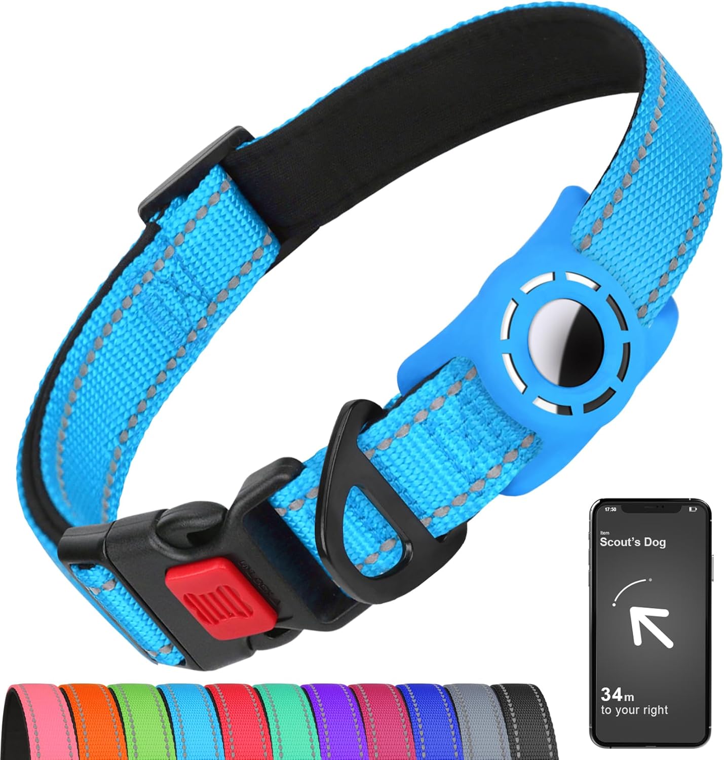 Airtag-Compatible Dog Collar with Holder for Small Breeds, Reflective Design, Soft Padding, Safety Locking Buckle, Adjustable Nylon, Hot Pink, XS