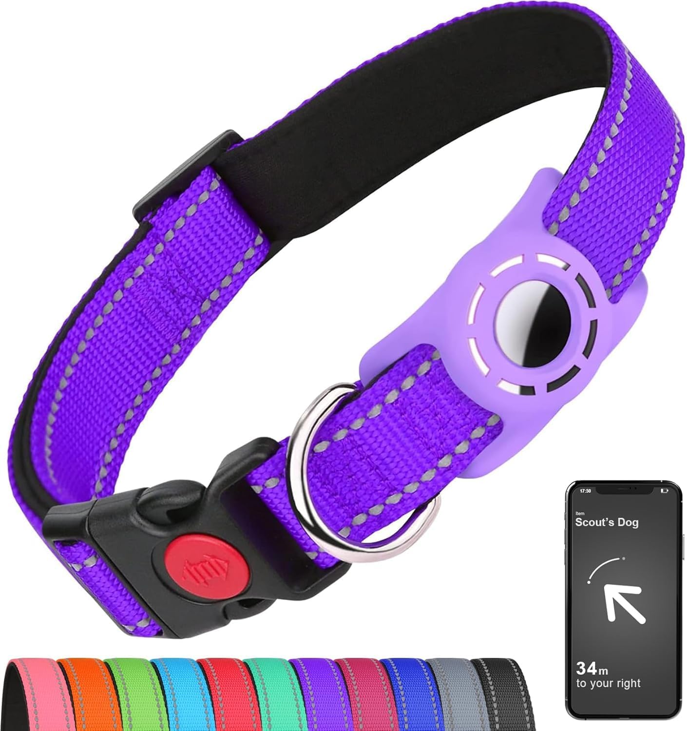 Airtag-Compatible Dog Collar with Holder for Small Breeds, Reflective Design, Soft Padding, Safety Locking Buckle, Adjustable Nylon, Hot Pink, XS