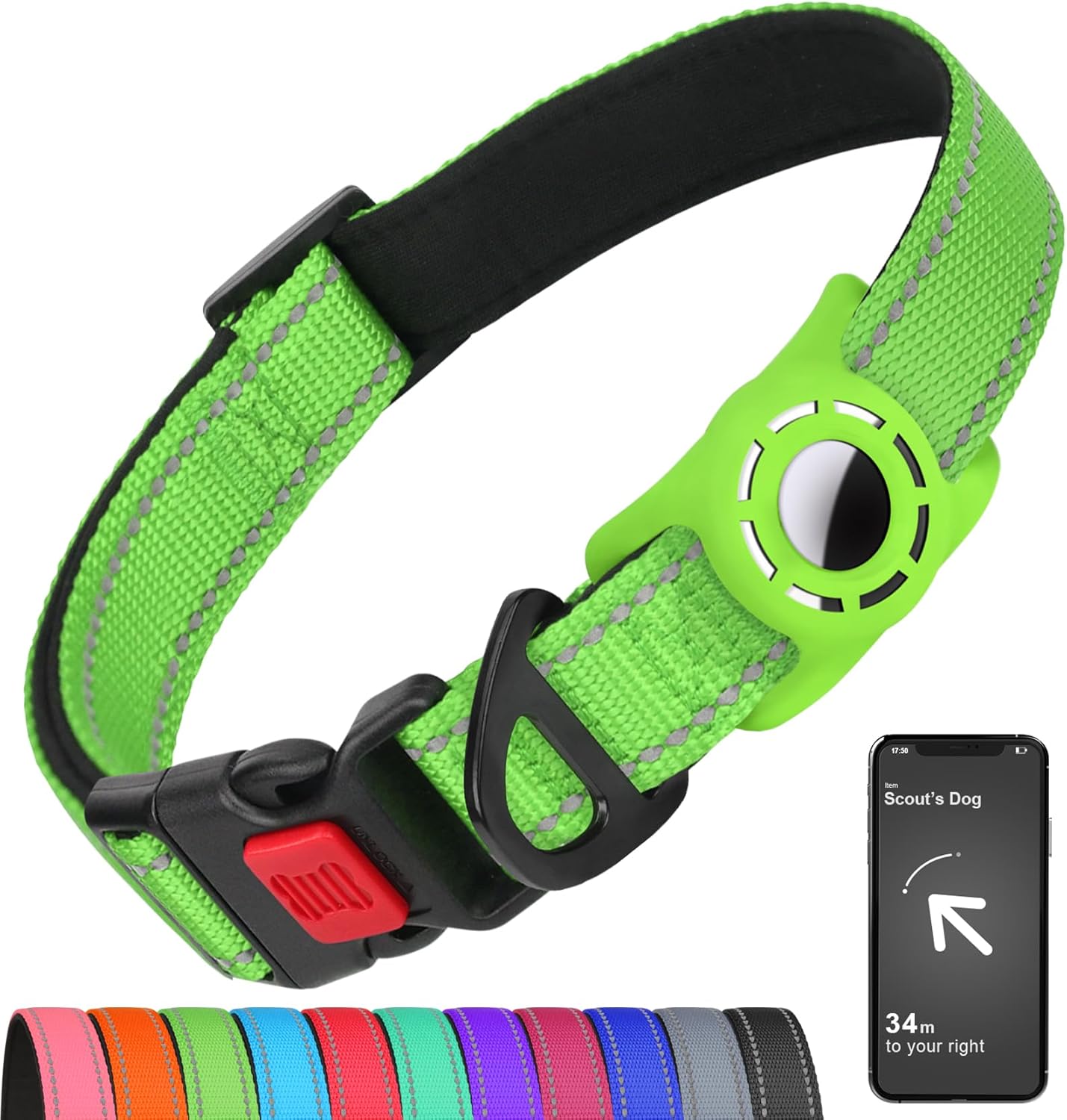 Airtag-Compatible Dog Collar with Holder for Small Breeds, Reflective Design, Soft Padding, Safety Locking Buckle, Adjustable Nylon, Hot Pink, XS