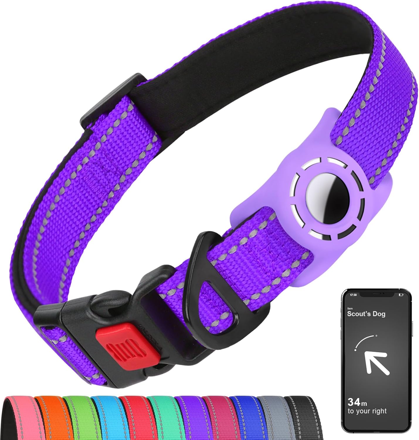 Airtag-Compatible Dog Collar with Holder for Small Breeds, Reflective Design, Soft Padding, Safety Locking Buckle, Adjustable Nylon, Hot Pink, XS