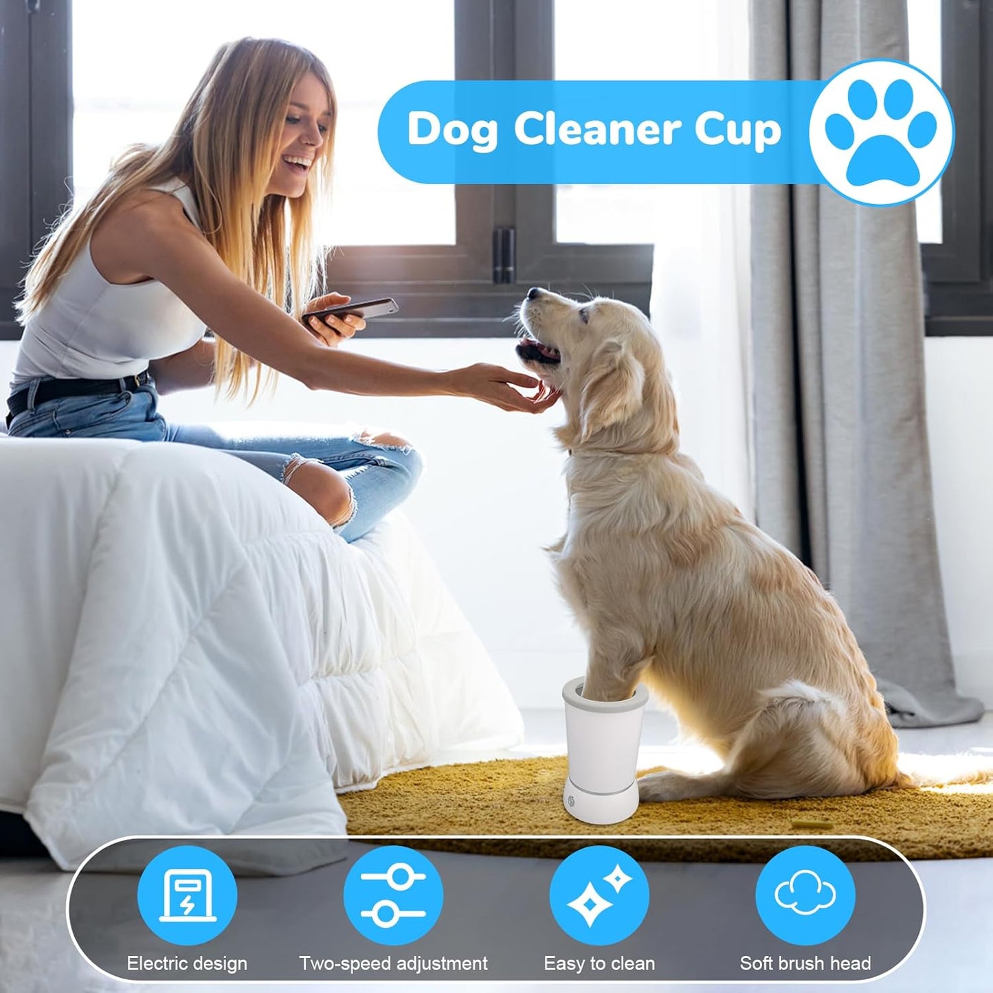 Automatic Pet Foot Washer and Massager, Electric Portable Cleaner for Dogs and Cats, USB Rechargeable Grooming Cup for Medium to Large Breeds (White)