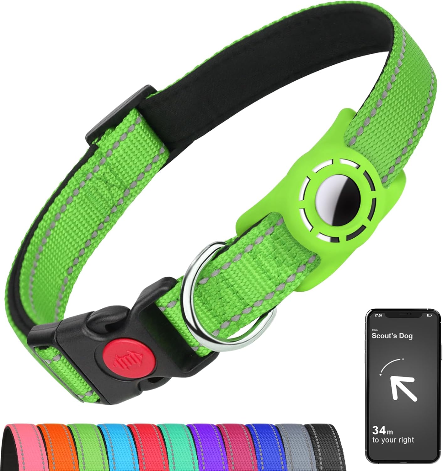 Airtag-Compatible Dog Collar with Holder for Small Breeds, Reflective Design, Soft Padding, Safety Locking Buckle, Adjustable Nylon, Hot Pink, XS