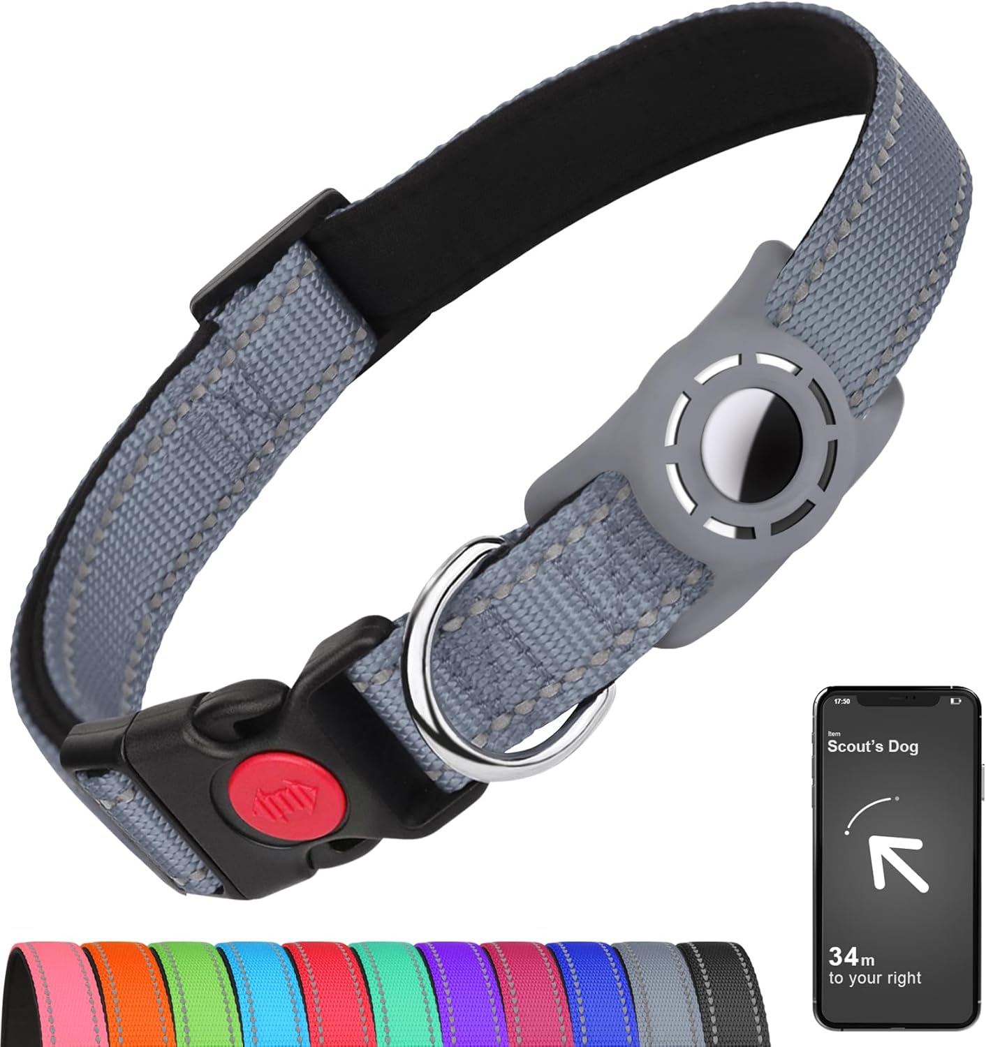 Airtag-Compatible Dog Collar with Holder for Small Breeds, Reflective Design, Soft Padding, Safety Locking Buckle, Adjustable Nylon, Hot Pink, XS