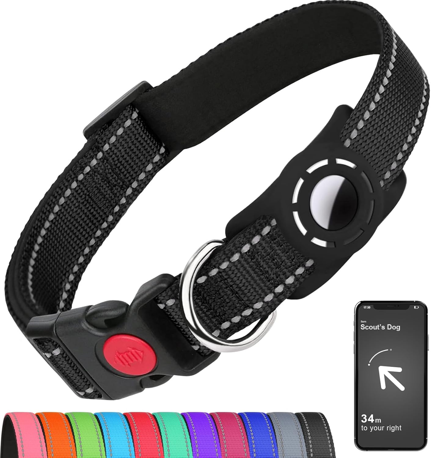 Airtag-Compatible Dog Collar with Holder for Small Breeds, Reflective Design, Soft Padding, Safety Locking Buckle, Adjustable Nylon, Hot Pink, XS
