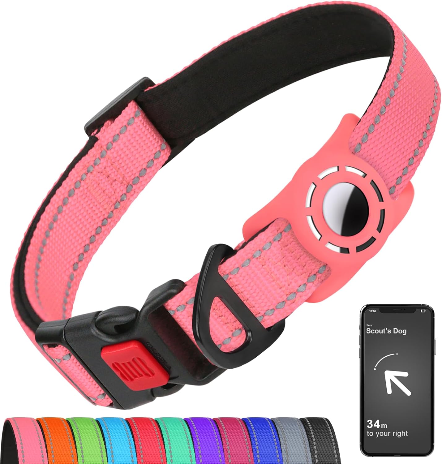 Airtag-Compatible Dog Collar with Holder for Small Breeds, Reflective Design, Soft Padding, Safety Locking Buckle, Adjustable Nylon, Hot Pink, XS