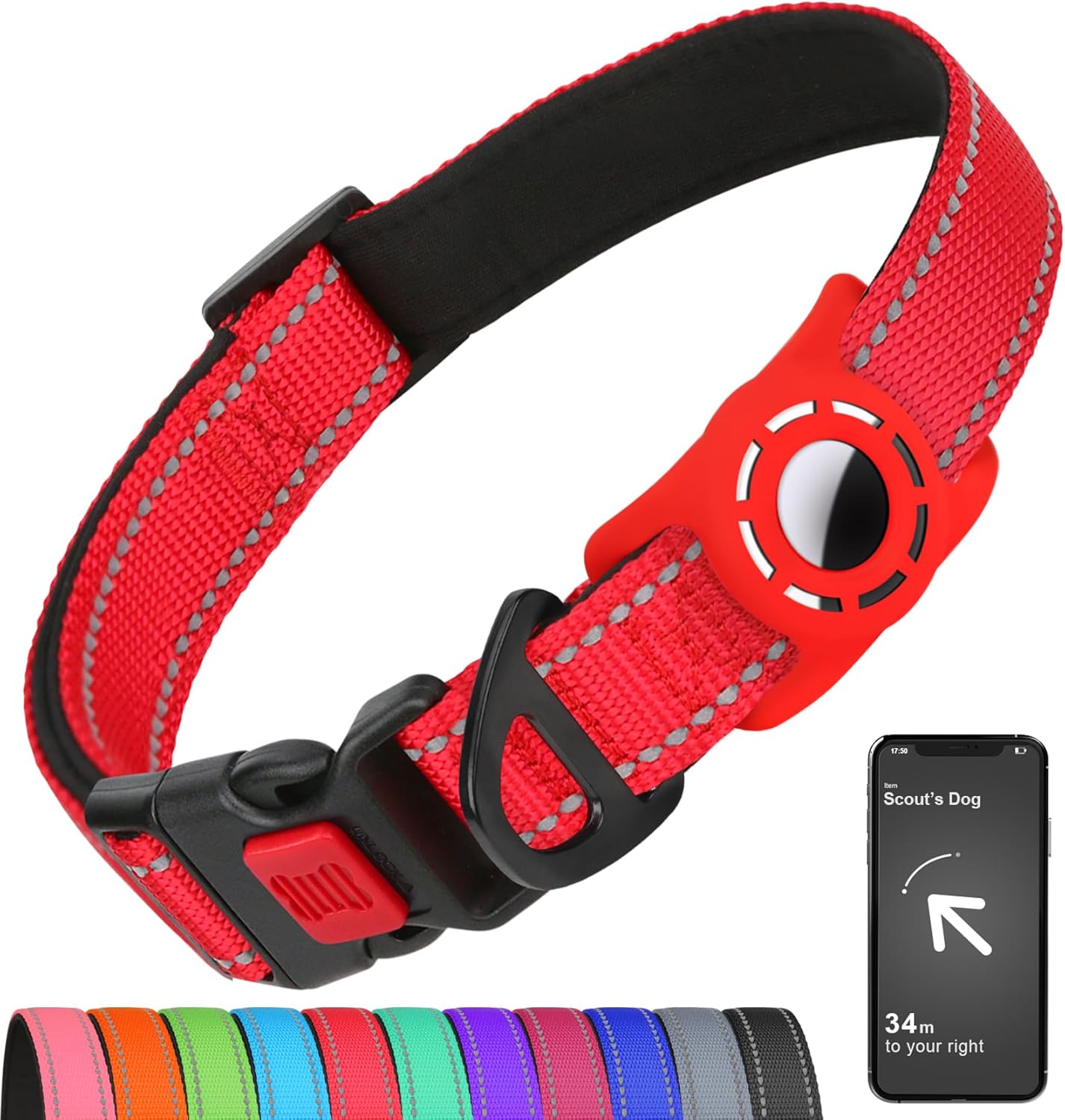 Airtag-Compatible Dog Collar with Holder for Small Breeds, Reflective Design, Soft Padding, Safety Locking Buckle, Adjustable Nylon, Hot Pink, XS