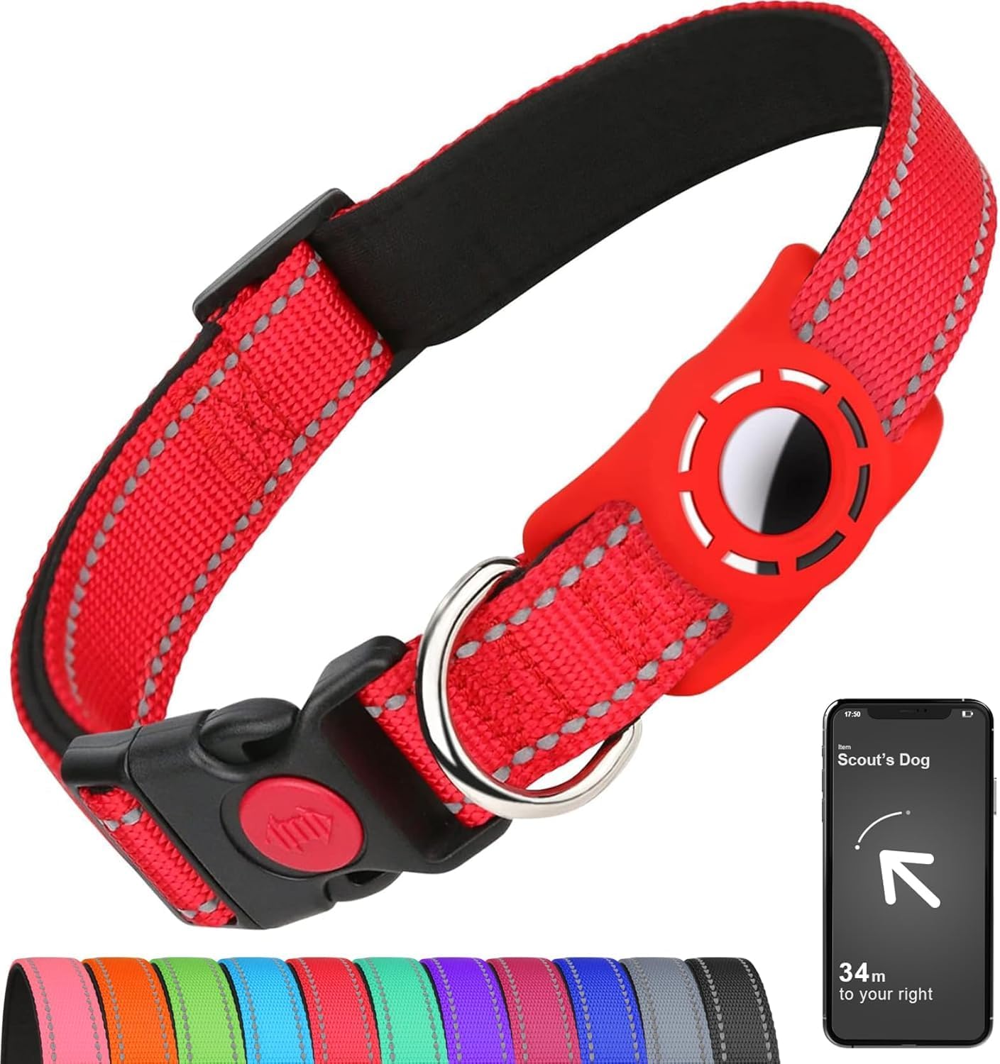 Airtag-Compatible Dog Collar with Holder for Small Breeds, Reflective Design, Soft Padding, Safety Locking Buckle, Adjustable Nylon, Hot Pink, XS