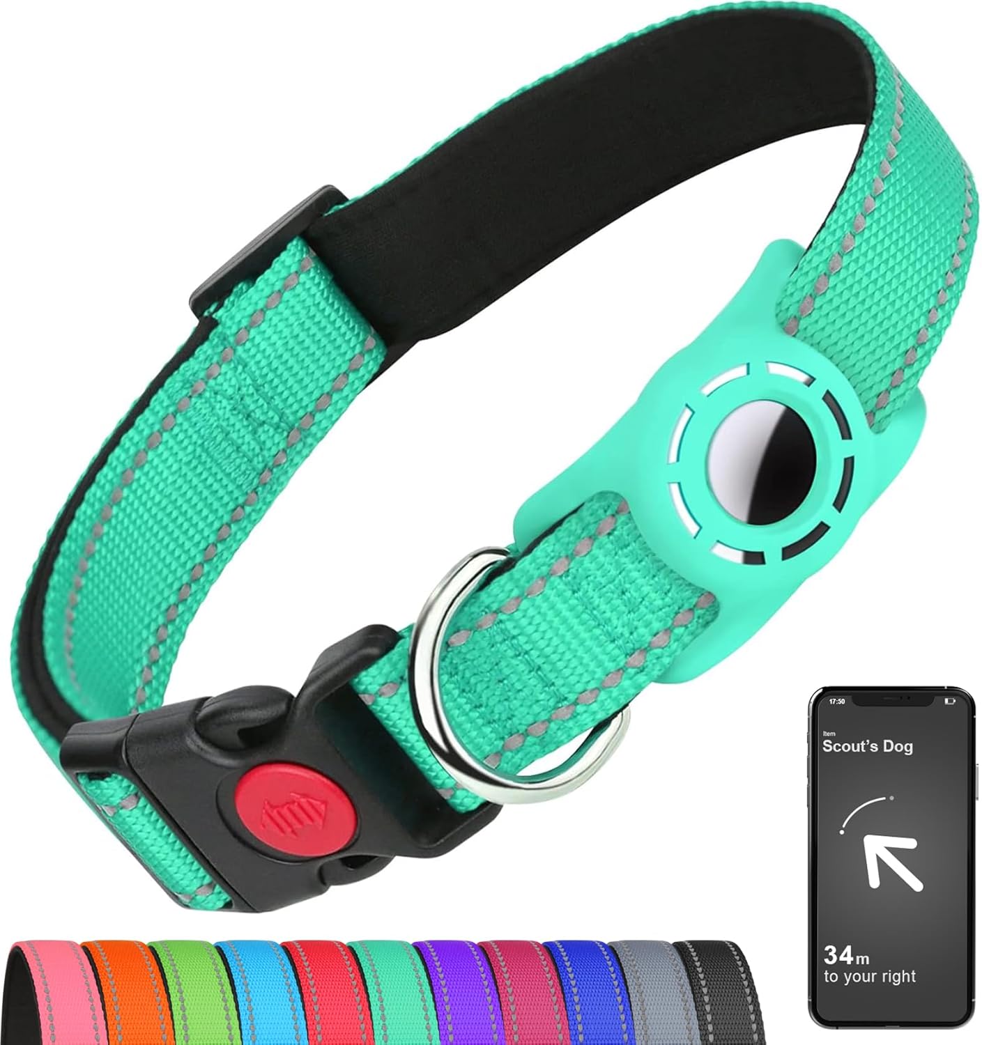Airtag-Compatible Dog Collar with Holder for Small Breeds, Reflective Design, Soft Padding, Safety Locking Buckle, Adjustable Nylon, Hot Pink, XS