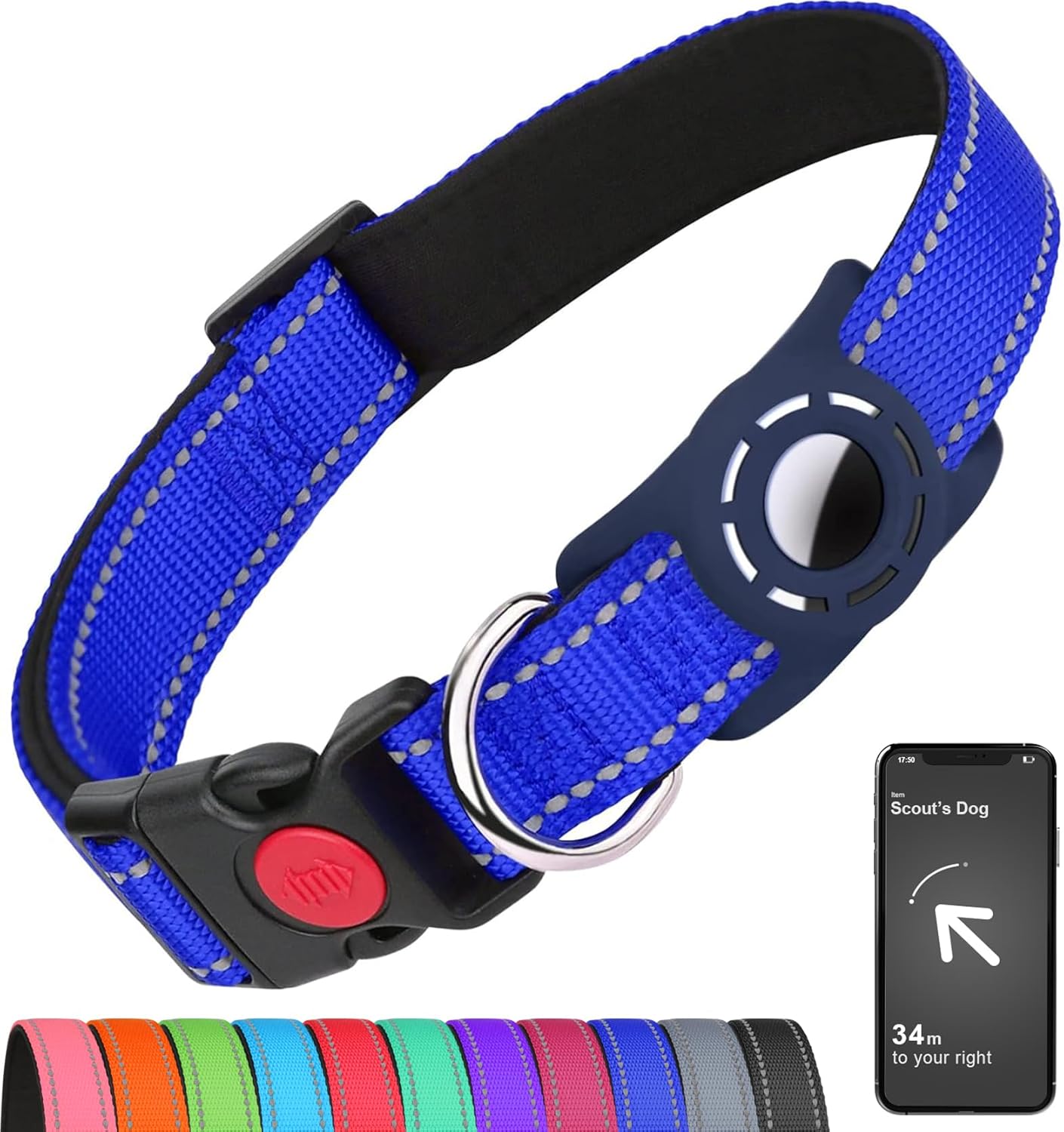 Airtag-Compatible Dog Collar with Holder for Small Breeds, Reflective Design, Soft Padding, Safety Locking Buckle, Adjustable Nylon, Hot Pink, XS