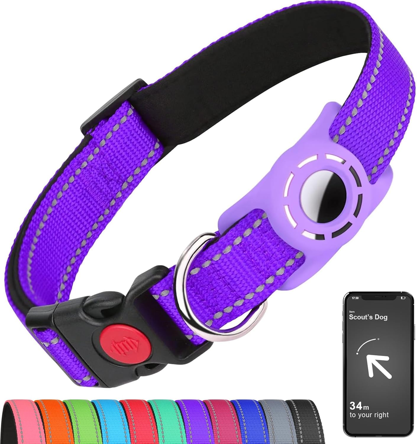 Airtag-Compatible Dog Collar with Holder for Small Breeds, Reflective Design, Soft Padding, Safety Locking Buckle, Adjustable Nylon, Hot Pink, XS