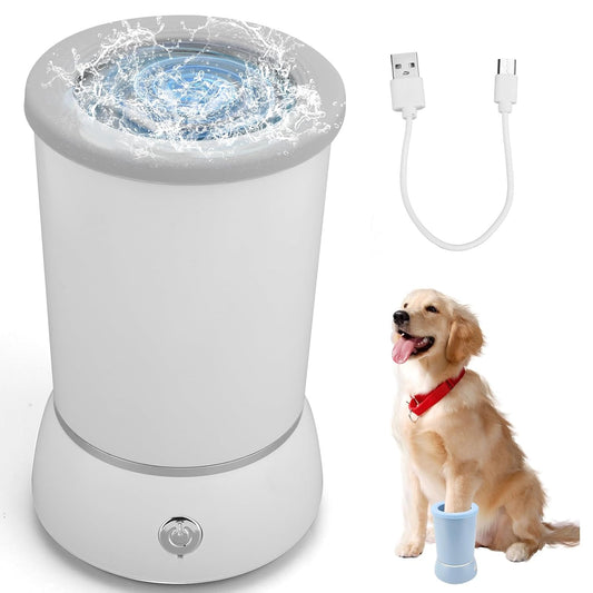 Automatic Pet Foot Washer and Massager, Electric Portable Cleaner for Dogs and Cats, USB Rechargeable Grooming Cup for Medium to Large Breeds (White)