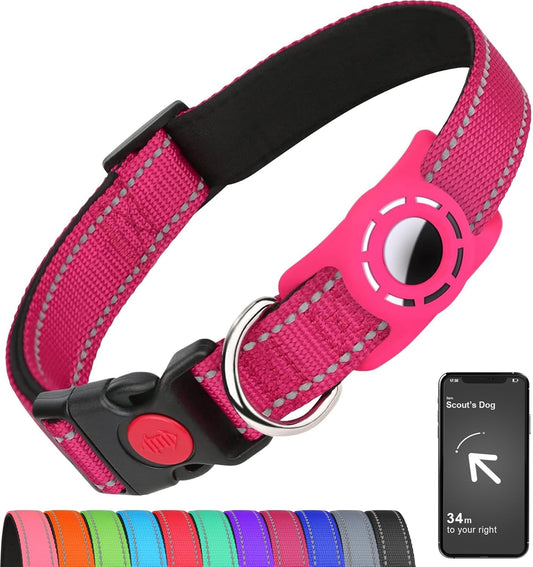 Airtag-Compatible Dog Collar with Holder for Small Breeds, Reflective Design, Soft Padding, Safety Locking Buckle, Adjustable Nylon, Hot Pink, XS